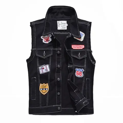 Summer Men's Denim Vests Fashion Men Hip Hop Streetwear sleeveless Jacket Male Cotton Punk Party patch Denim Waistcoats Clothing