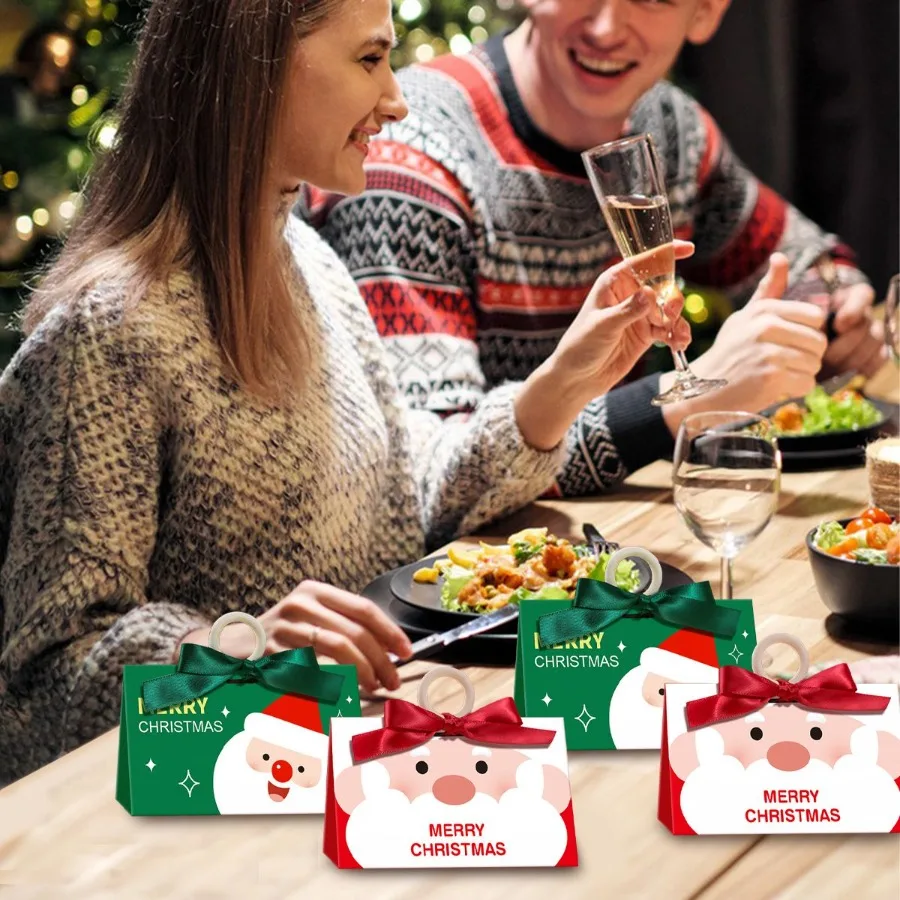 10 Pcs Christmas Candy Boxes with Ribbon and Wooden Ring Merry Christmas Santa Claus Pattern Cookie Goodie Box Cartoon Paper Tr