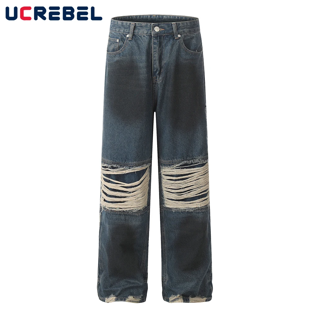 Washed Distressed Beggar Jeans Mens Ripped Spliced High Street Loose Wide Leg Denim Pants Men