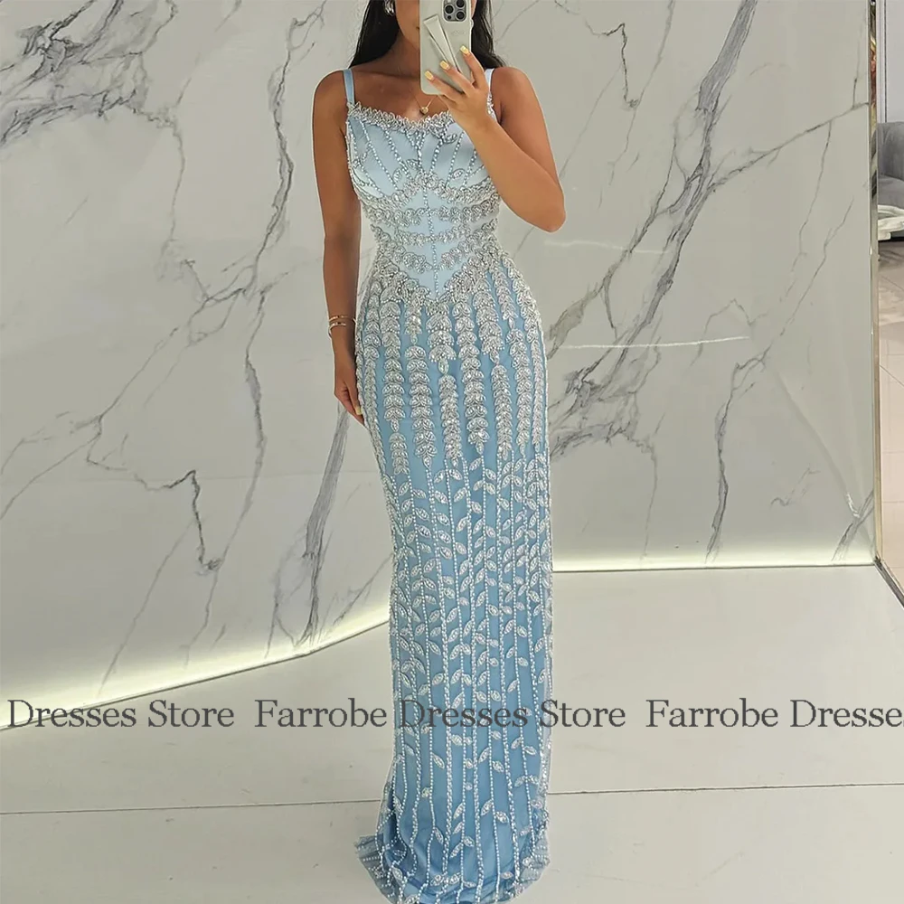 Luxury Evening Gowns 2025 Dubai Satin Sheath/Column Celebrity Dress Sky Blue Square Neck Rhinestone/Crystals Party Dress Long