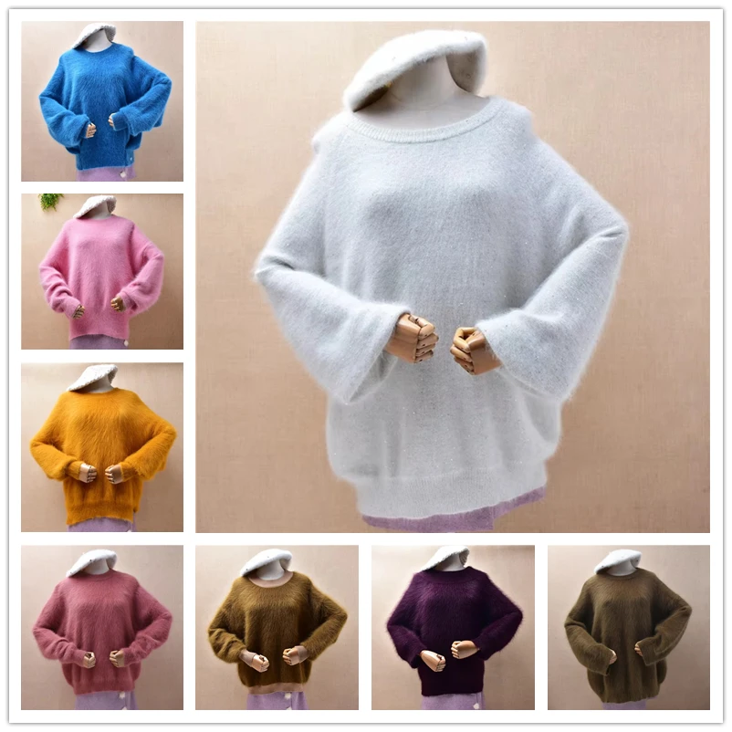 

Ladies Women Autumn Winter Clothing Hairy Shining Angora Rabbit Hair Knitted Long Puff Sleeves O-Neck Loose Pullover Sweater Top