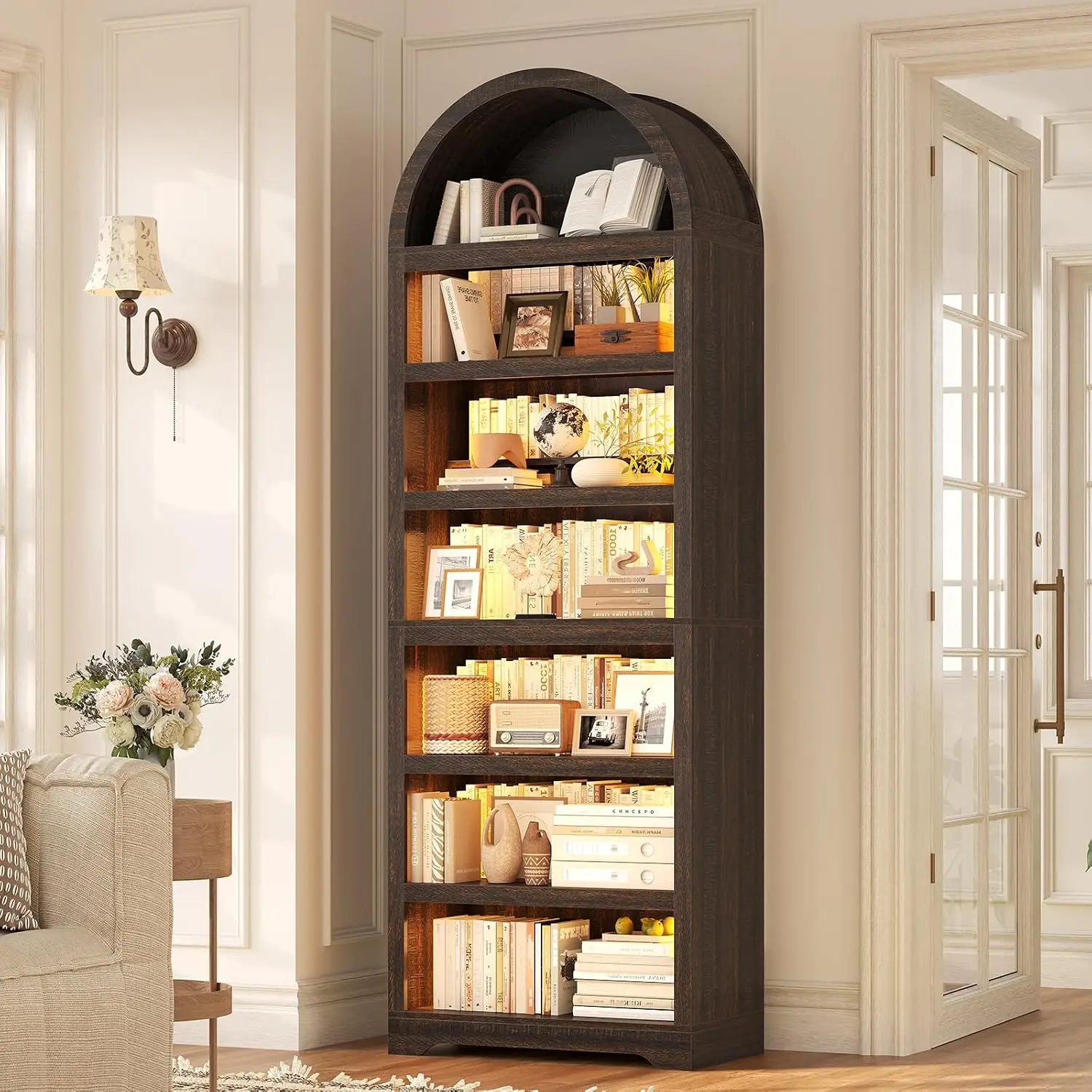 Arched Bookshelf 7-Tier with Storage RGB Light Adjustable Shelf 2 Risers for Living Room Kitchen Office Walnut, Customized