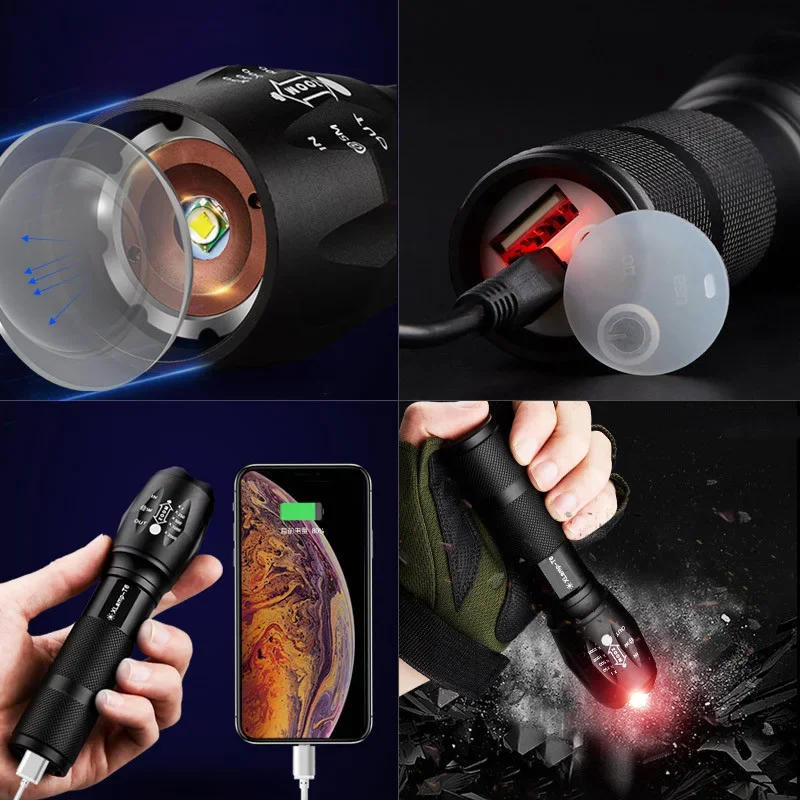 UltraBright  LED Flashlight Built-in battery Rechargeable Long-range Zoomable 3mode Torch lantern can be used as a powerbank