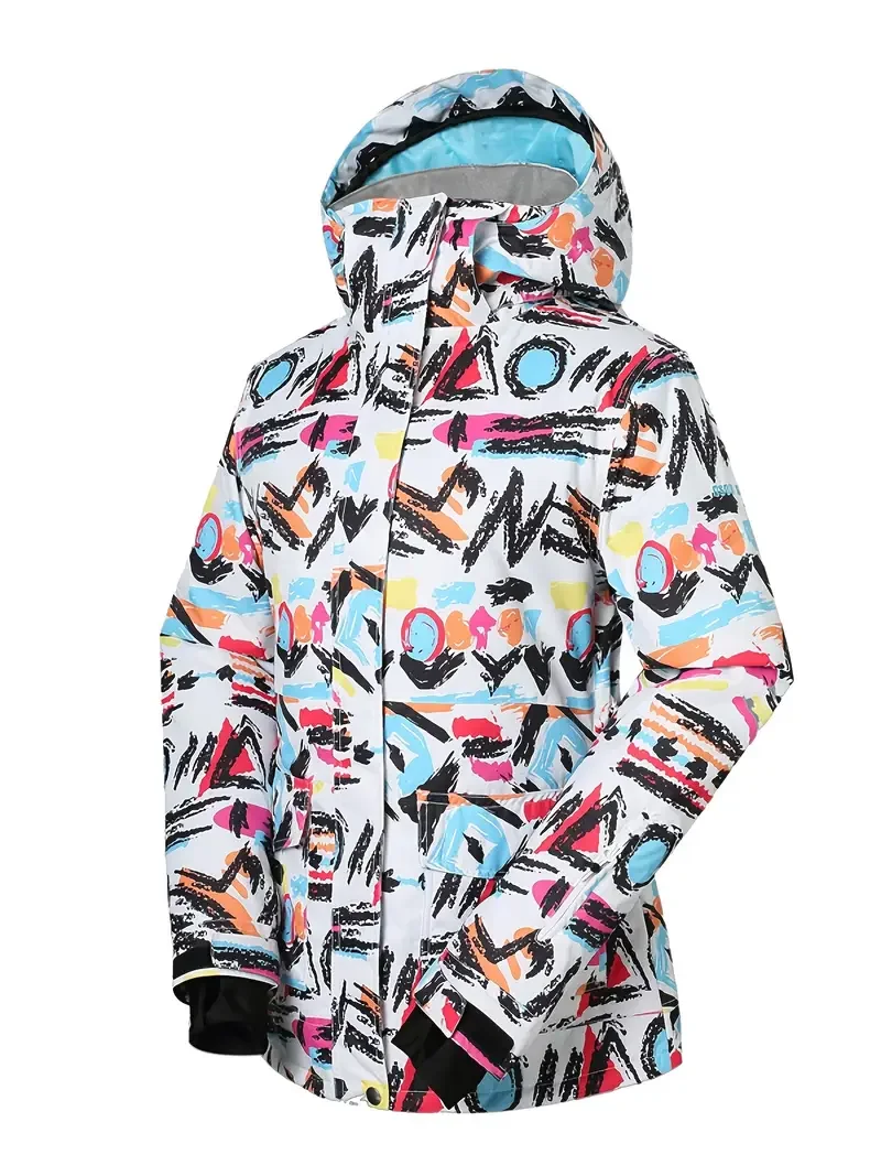 Chaqueta de snowboard para mujer, chaqueta de esquí térmica con estampado de bocetos, parte superior ligera impermeable y resistente al viento para esquí y snowboard