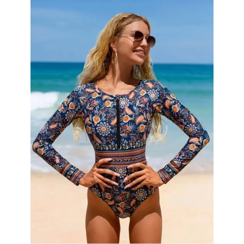 

Paisley Printed Patchwork Half Zip Bathing Suit UPF50+ Women Rash Guard Sports Surfing One-piece Long Sleeve Swimsuit