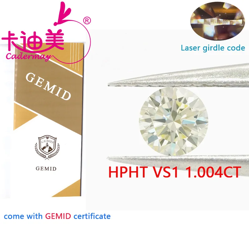 

CADERMAY Round Cut Light Yellow Color VS1 Clarity HPHT Lab Grown Diamond 1.004 CT Loose Stone Gemstone For Jewelry Making