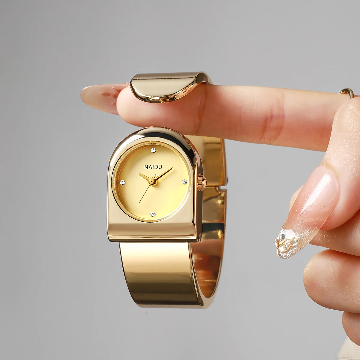Women's Bangle Cuff Watch Asymmetric Open Bracelet Rhinestone Markers Minimalist Dress Wristwatch Jewelry Gift