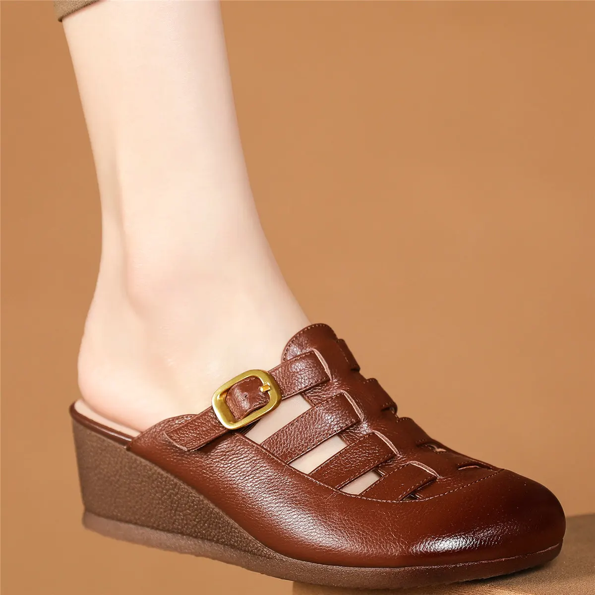 

2023 Slippers Women Genuine Leather Shoes Wedges High Heel Gladiator Sandals Female Summer Round Toe Platform Pumps Casual Shoes