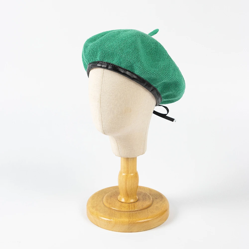 Kids Knitted Linen Beret With Binding and Adjustable Ribbon Band