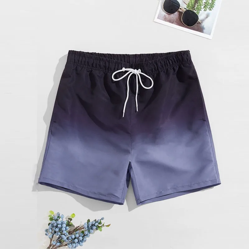 Calça de praia masculina cor gradiente, calça de banho de secagem rápida, shorts masculinos casuais soltos, estilo moderno e bonito