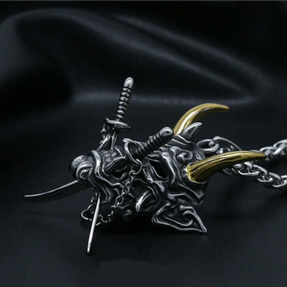 Japanese Ghost Samurai Mask Necklace Pendant Men's Creative Trend of Domineering Hip-hop Retro Double Sword Punk Fashion Pendant view 4