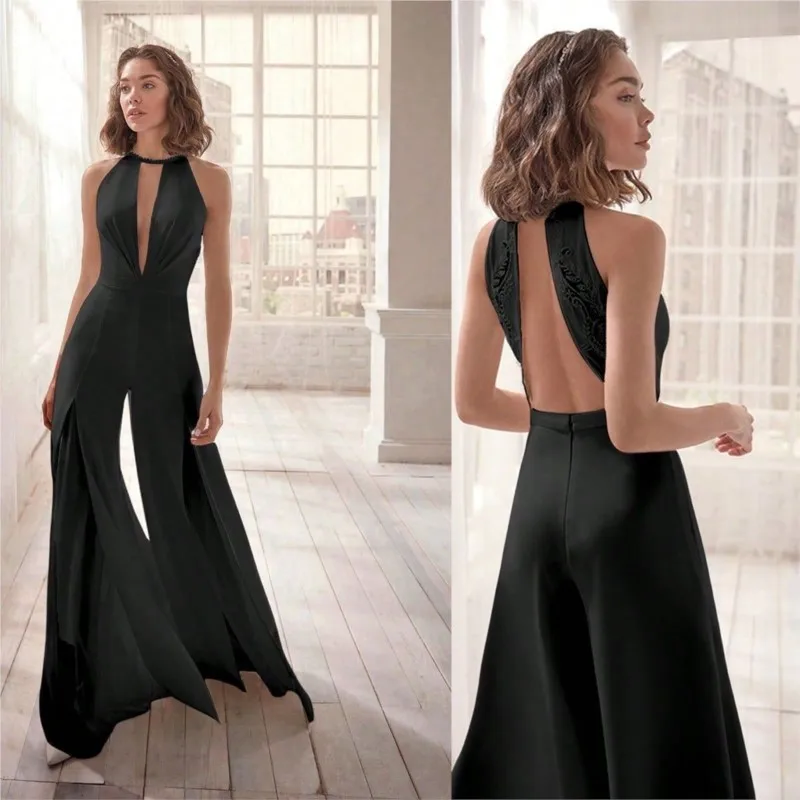 

Модный сексуальный комбинезон с глубоким V-образным вырезом для женщин, элегантный, без рукавов, с лямкой через шею, открытой спиной, кружевными вставками, широкими штанинами и разрезом, расклешенный комбинезон