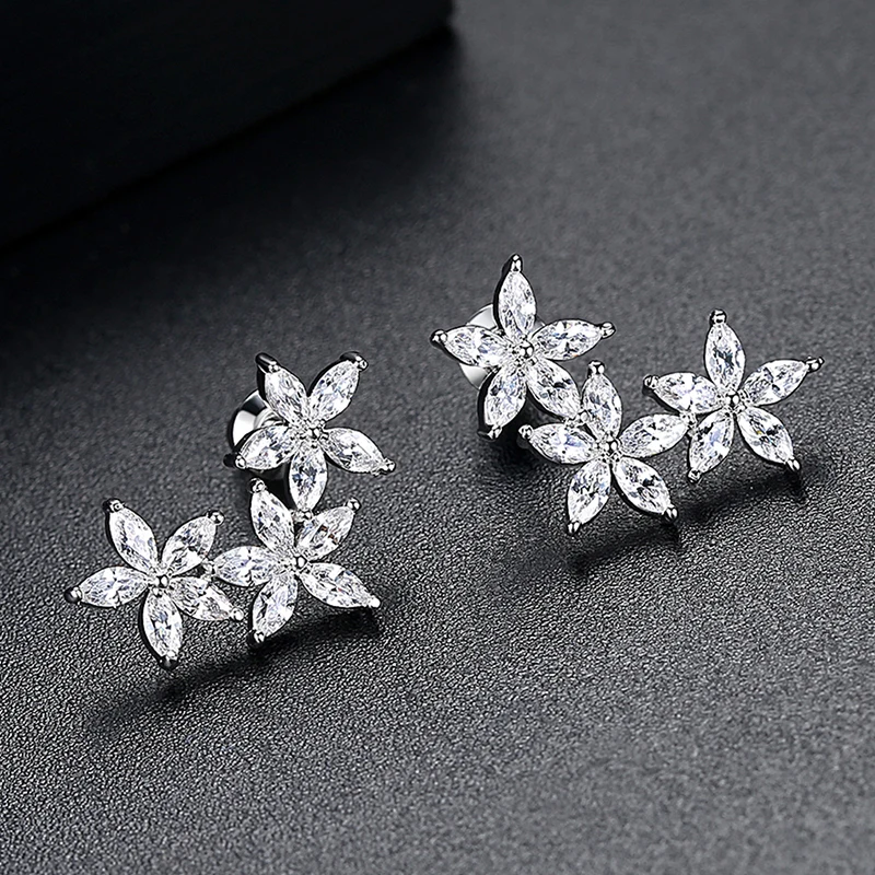 LUOTEEMI Sexy Daisy Chic Flowers Blossoming Stud Earrings for Women Wedding Cubic Zircon White Gold Color Fashion Jewelry Gift