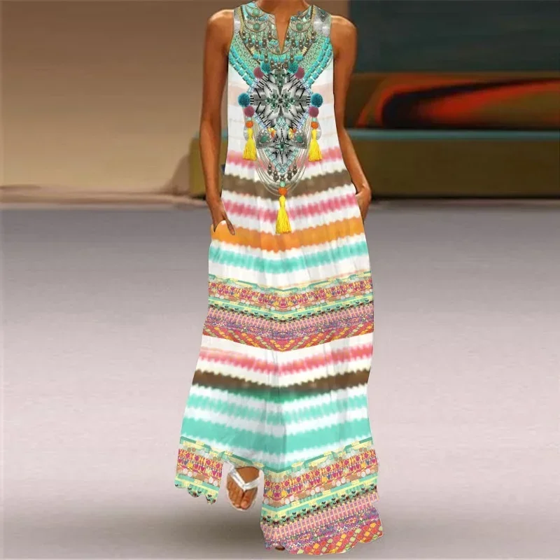 

Printed V-neck Women's Loose and Casual Retro Sleeveless Knee Length Dresses