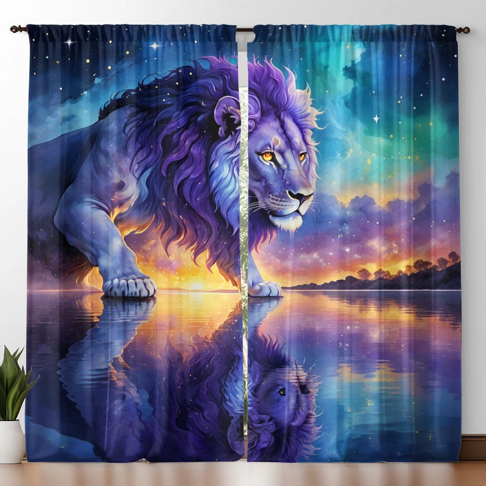 Cosmic Starry Lion Curtain Panels, Purple Mane Wild Beast Lake Water Reflection Sunset Scenery Pattern Drapes for Game Room
