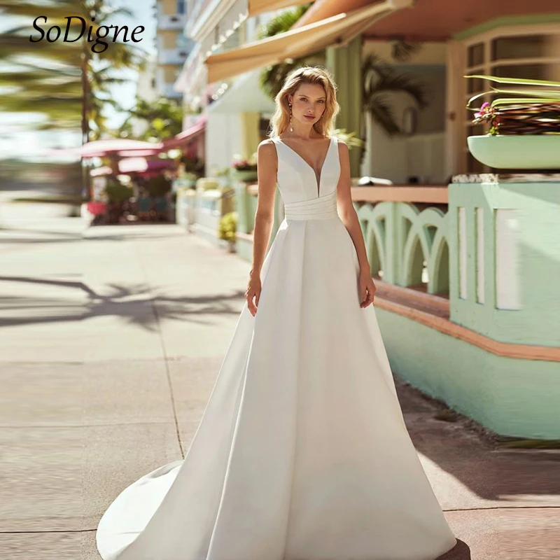 SoDigne A-line Satin Simple Wedding Dresses V-neck Sleeveless Bridal Dress 2024 Elegant Long Bride Gown vestidos de novia