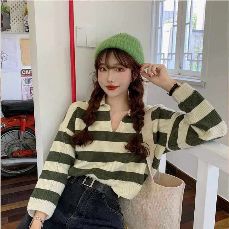 

Polo Striped Women's Sweater Winter Y2K Knit Sweaters Lapel Long Sleeve Knitwear Korean Fashion Pullovers Short Top Loose Jersey