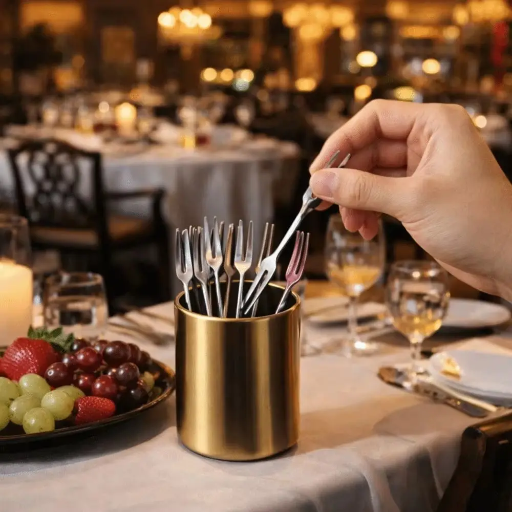 Stainless Steel Fruit Fork Holder Titanium Plated Finish Minimalist European Style Toothpick Holder Cylindrical Structure