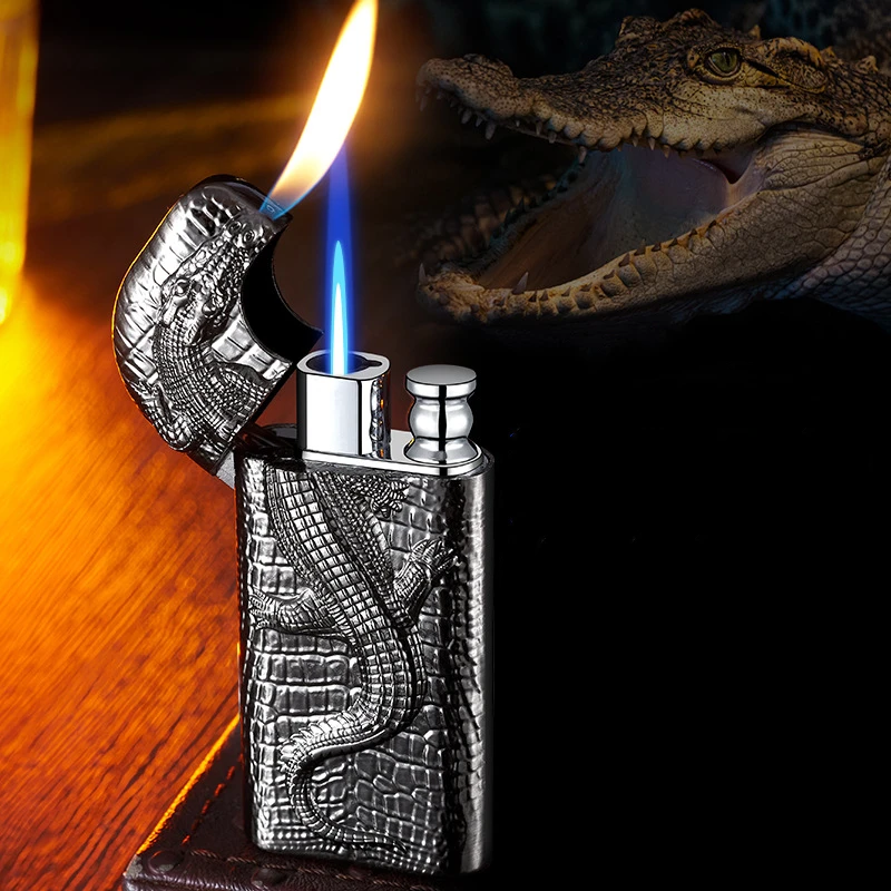 Metal Three-dimensional Relief Crocodile Lighter Windproof Dual Fire Conversion Inflatable Butane Lighter for Men's Small Tools