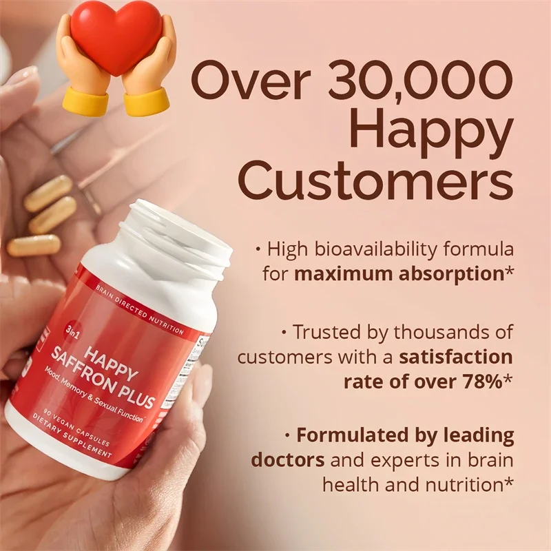แฮปปี้ แซฟฟรอน พลัส -สารสกัดจากดอกหญ้าฝรั่น, คัลคูมิน, ซิงค์ ช่วยเสริมสร้างอารมณ์บวก เพิ่มความจำ สมาธิ และทำความสะอาดหลอดเลือด