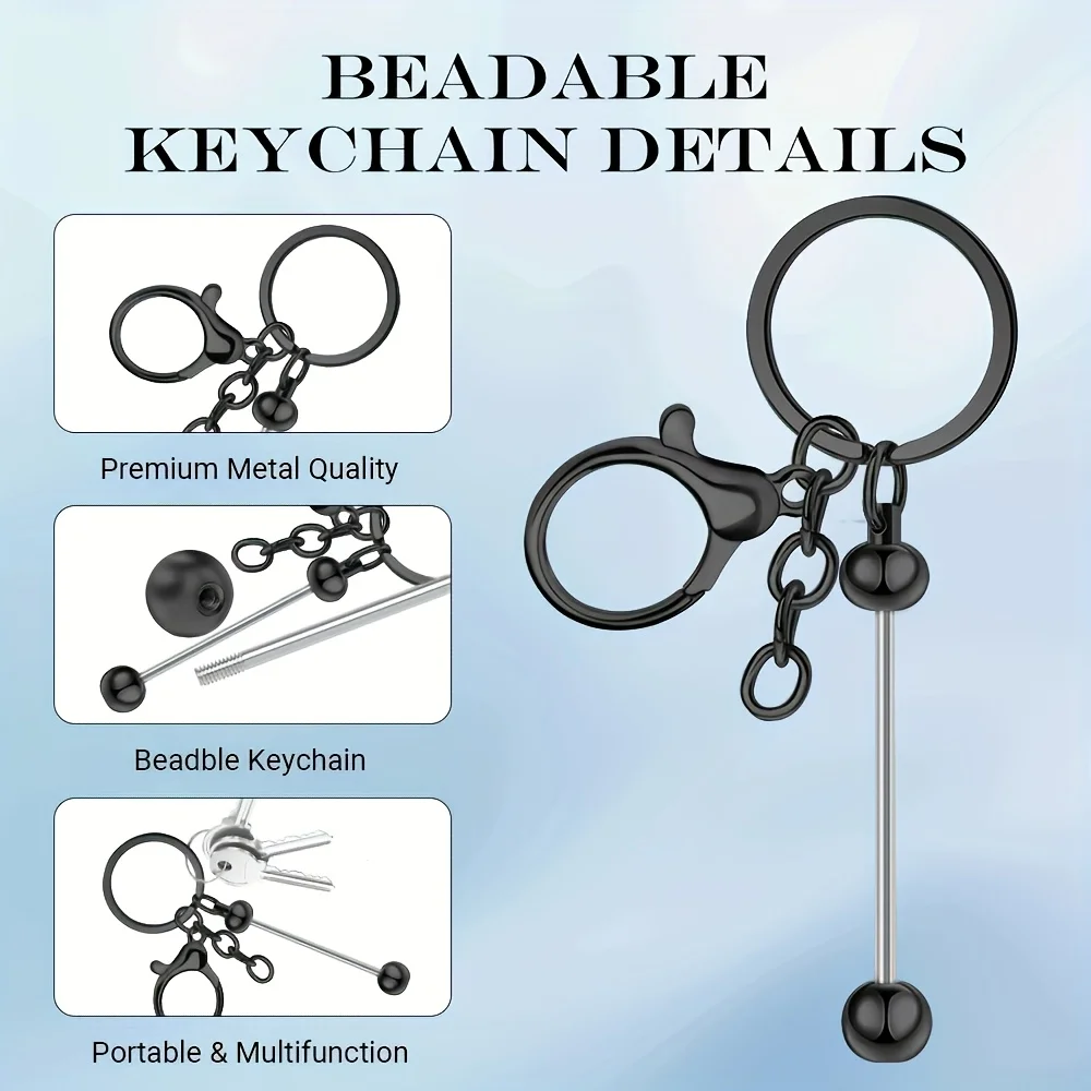 12pcs Economical Delicate Blank Keychain Bead Rods Bulk Stylish Jewelry Kit Dorm Student Home Car Decorative Key Essential Gift - view 2
