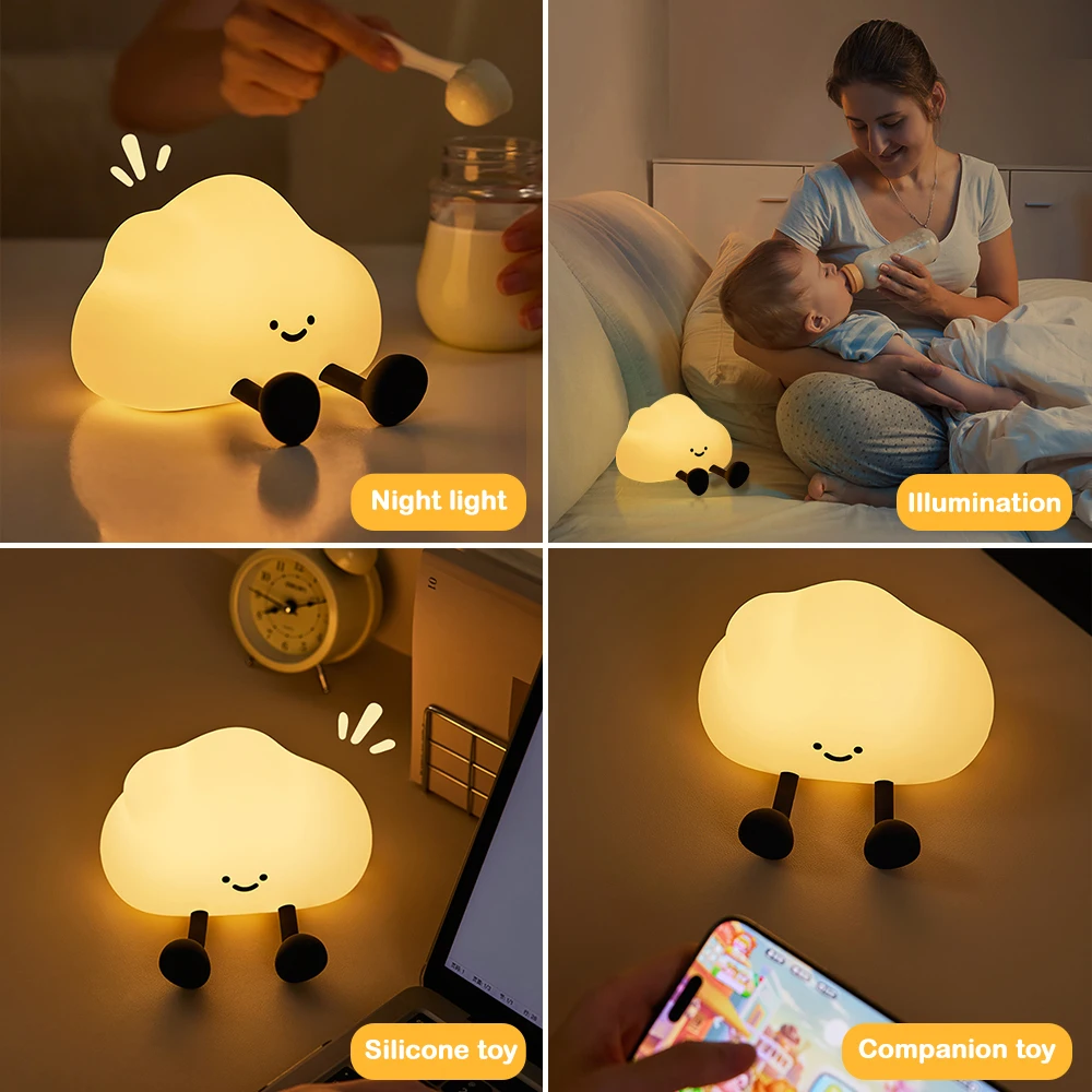 Cute Cloud Night Light Silicone Nursery USB Rechargeable Christmas Sleeping Bedside Lamp Touch Sensor Nightlights For Bedroom