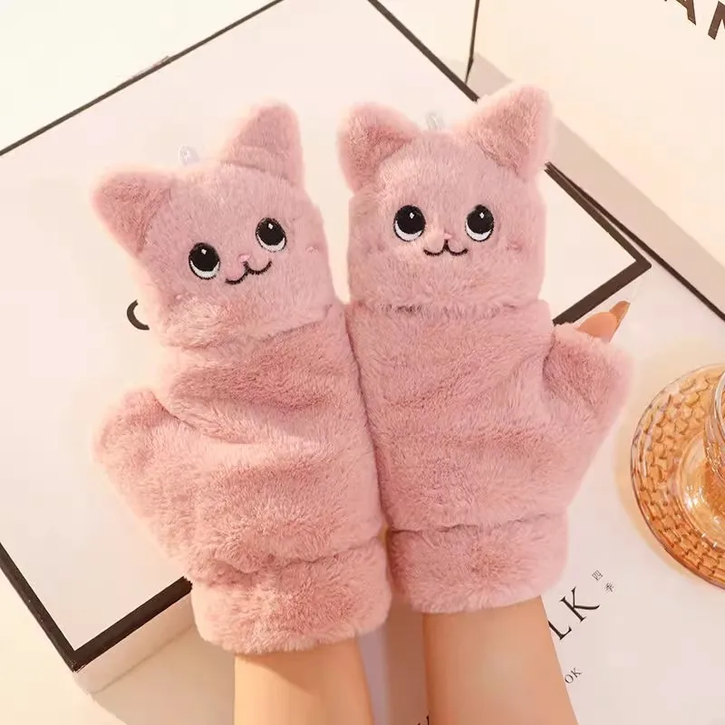 Lovely Plush Cat Mittens Fingerless Gloves for Women Winter Warm Rabbit Fur Mittens Flip Half Finger Gloves for Cycling Gloves