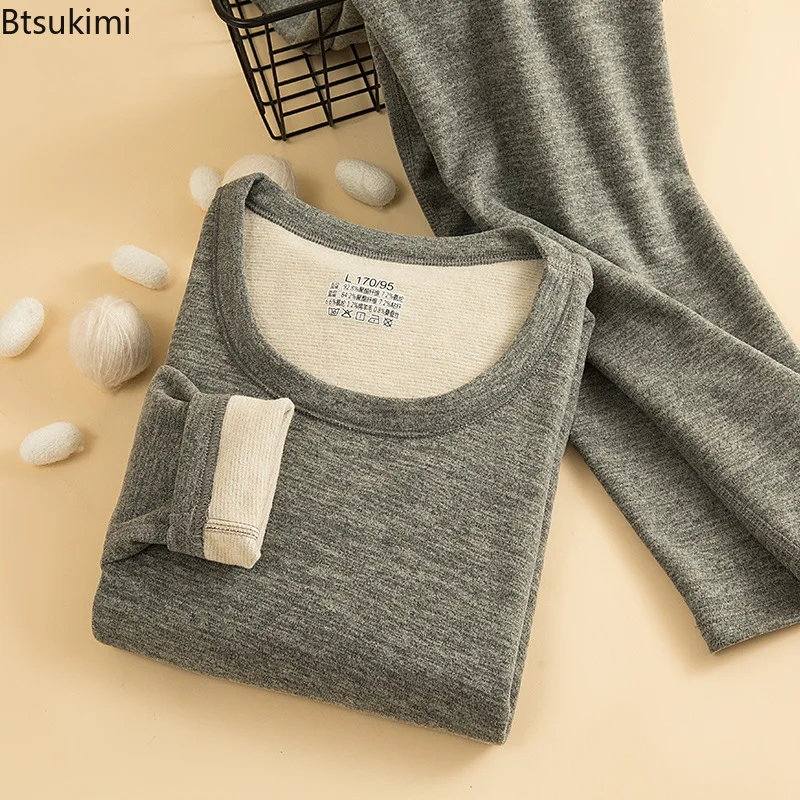 New Men's Wool Silk Thermal Underwear Sets Double-sided Cashmere Thicked Long Johns Sets Autumn Winter Men Women Warm Underwears