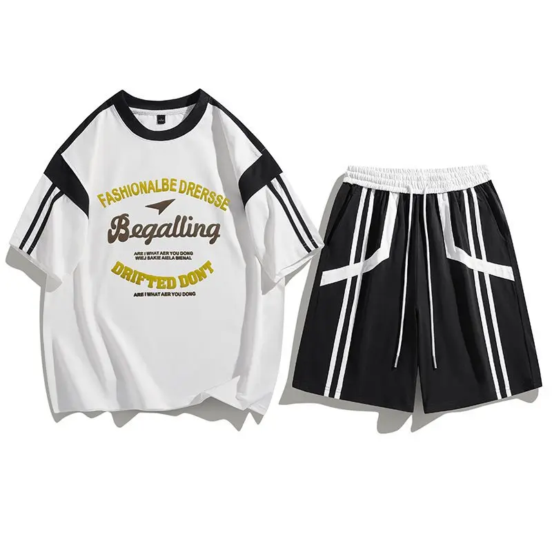 ホワイトボトム-tz8922p50-夏用カジュアルルーズポリエステル繊維00-メンズセット-半袖タオル生地ショートパンツ