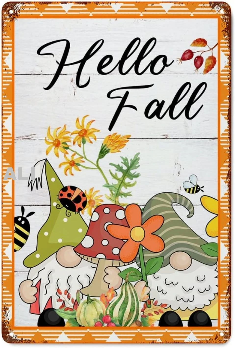Hello Fall Autumn Gnome with Pumpkin Plaid Metal Signs Vintage Orange Buffalo Plaid Check Tin Sign Wall Plaque for Garage M sign