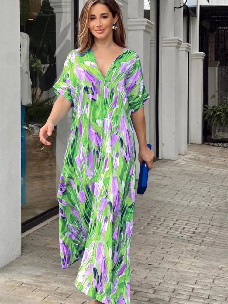 

Summer New Women's High Waist Fashionable Printed Sexy V-neck Casual Loose Short Sleeve Long Ankle Dress