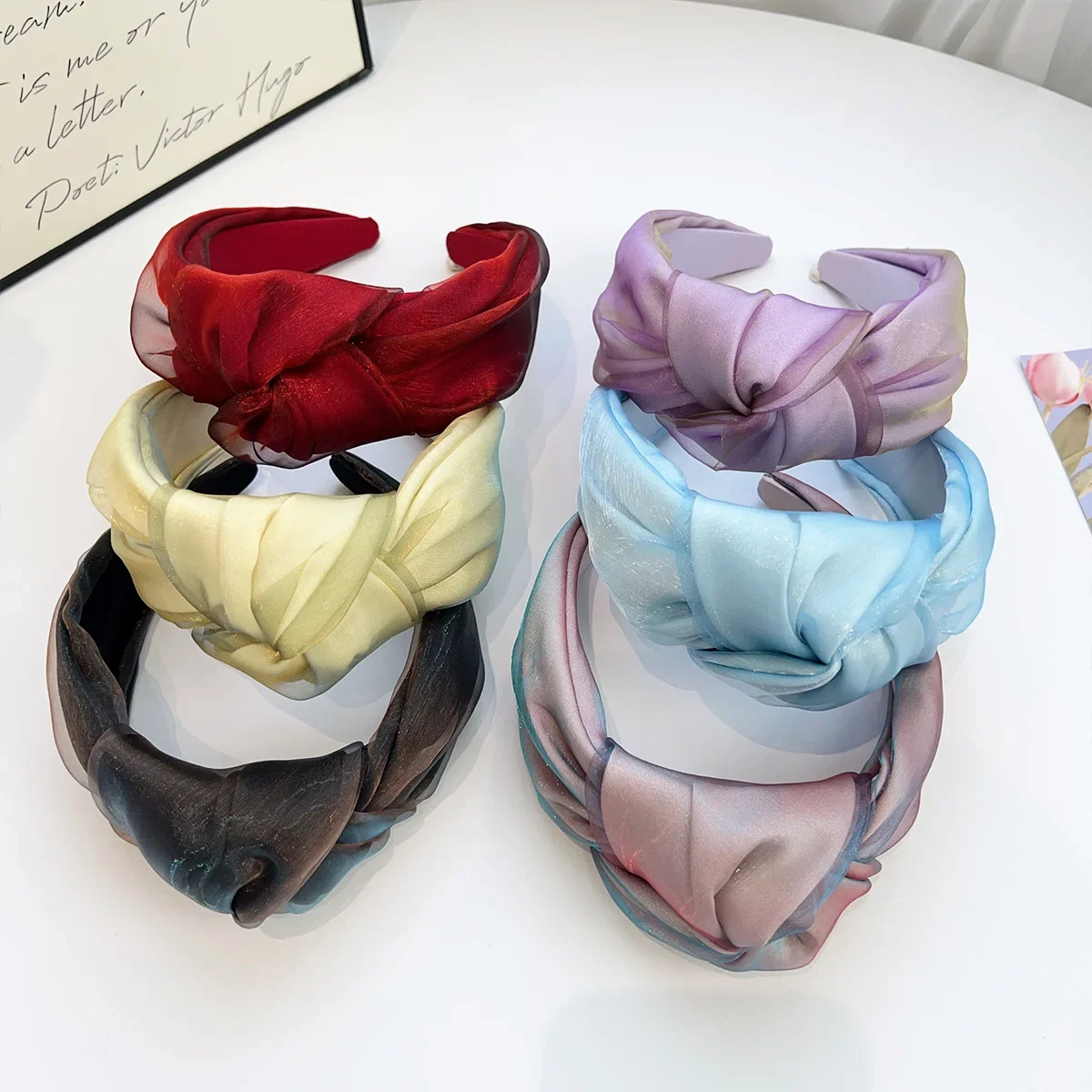 French Retro Bow Headband – Wide Organza Knot, High Crown Hair Hoop for Women, Elegant Daily Wear Accessory