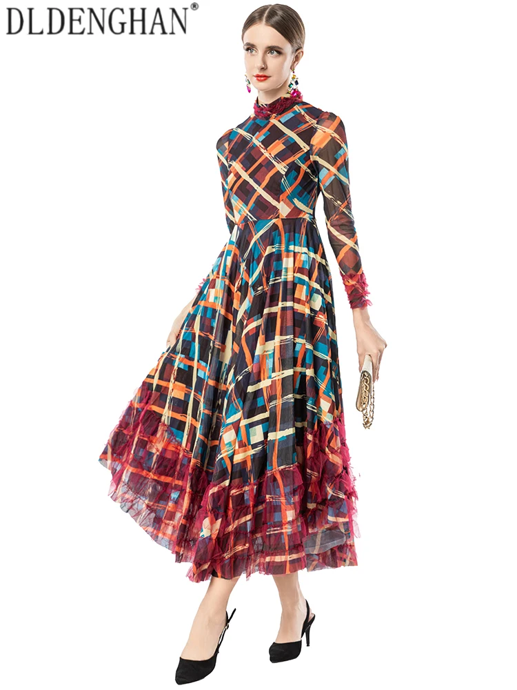 DLDENGHAN المرأة منقوشة طباعة الوقوف طوق فستان بكم طويل الكشكشة أنيقة فستان حفلة الخريف المألوف الإناث فستان طويل #4