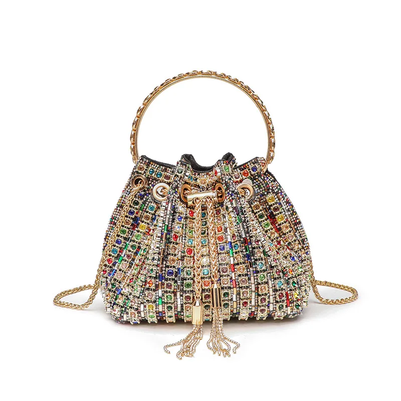 

Женственная сумка-ведро с бриллиантовой цепочкой для ужина, простая и модная сумка-ведро с бриллиантовой бахромой Bolso Diseñador De Lujo