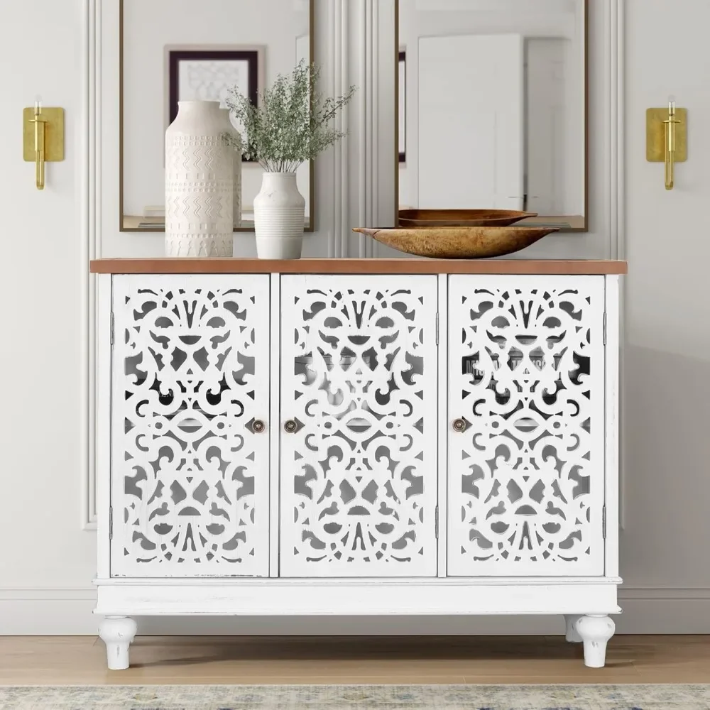 

Accent Cabinet with Doors - Farmhouse Credenza for Living Room | Sideboard Buffet Cabinet Storage in White (3 Door)