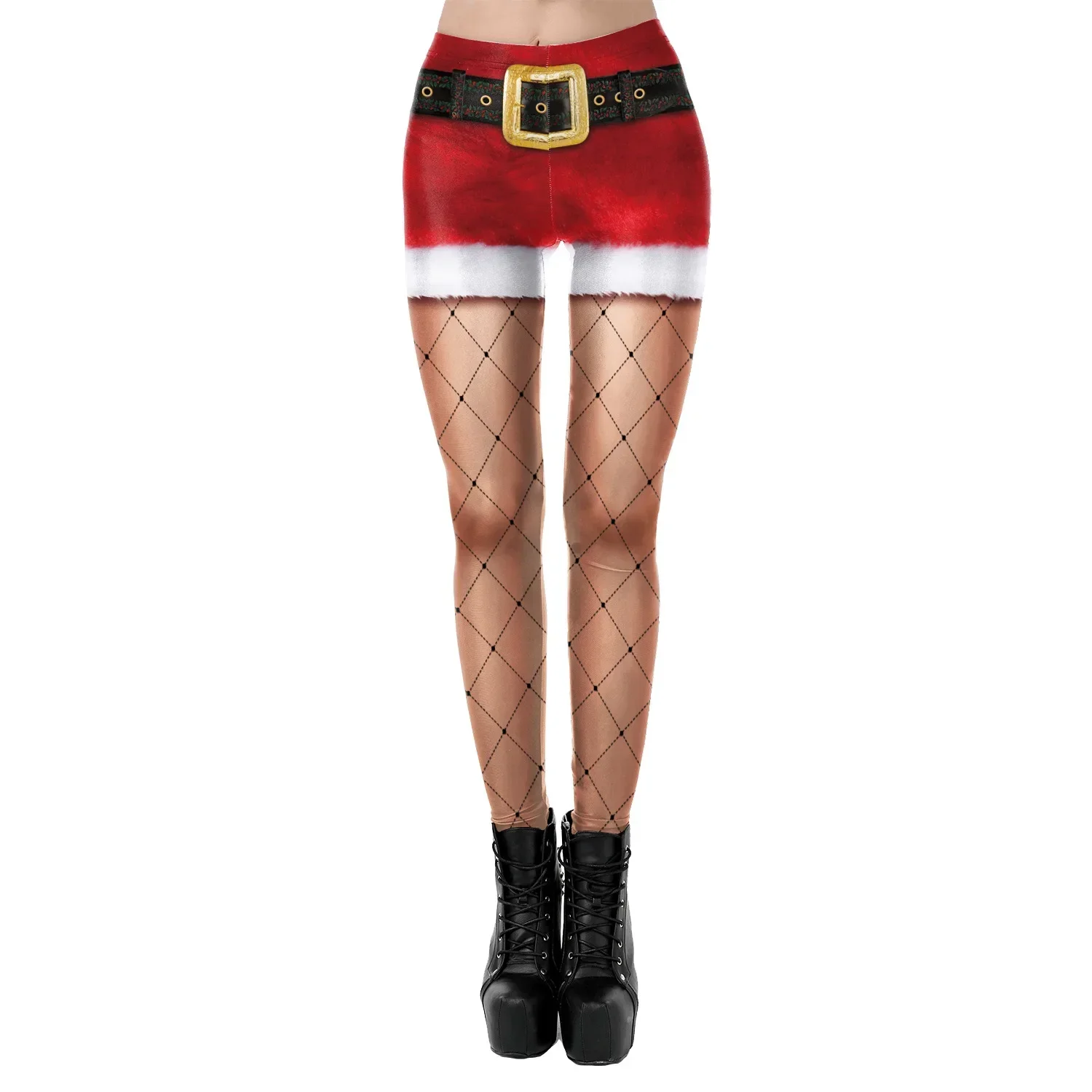 Xmas Women Christmas Belt Leggings Santa Claus Cosplay 3D Printed Party Pants Spandex Elastic Adult High Waist Skinny Leggins