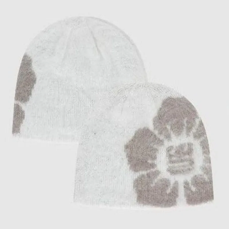 قبعة شتوية نسائية مع طباعة زهور، قبعة جمجمة محبوكة باللونين الأبيض والأسود، قبعة متماسكة ناعمة ودافئة، أغطية رأس عصرية للاستخدام اليومي