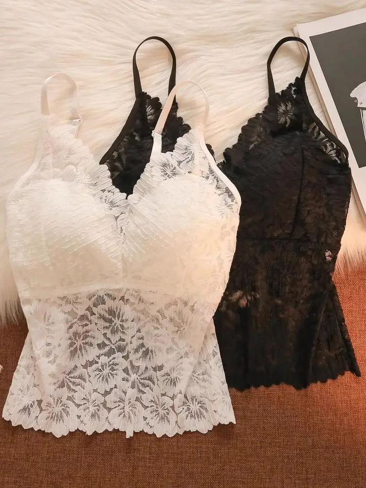 توب نسائي صيفي مثير بحمالات دانتيل أبيض، ملابس داخلية نسائية قطعة واحدة مع حمالة صدر مدمجة