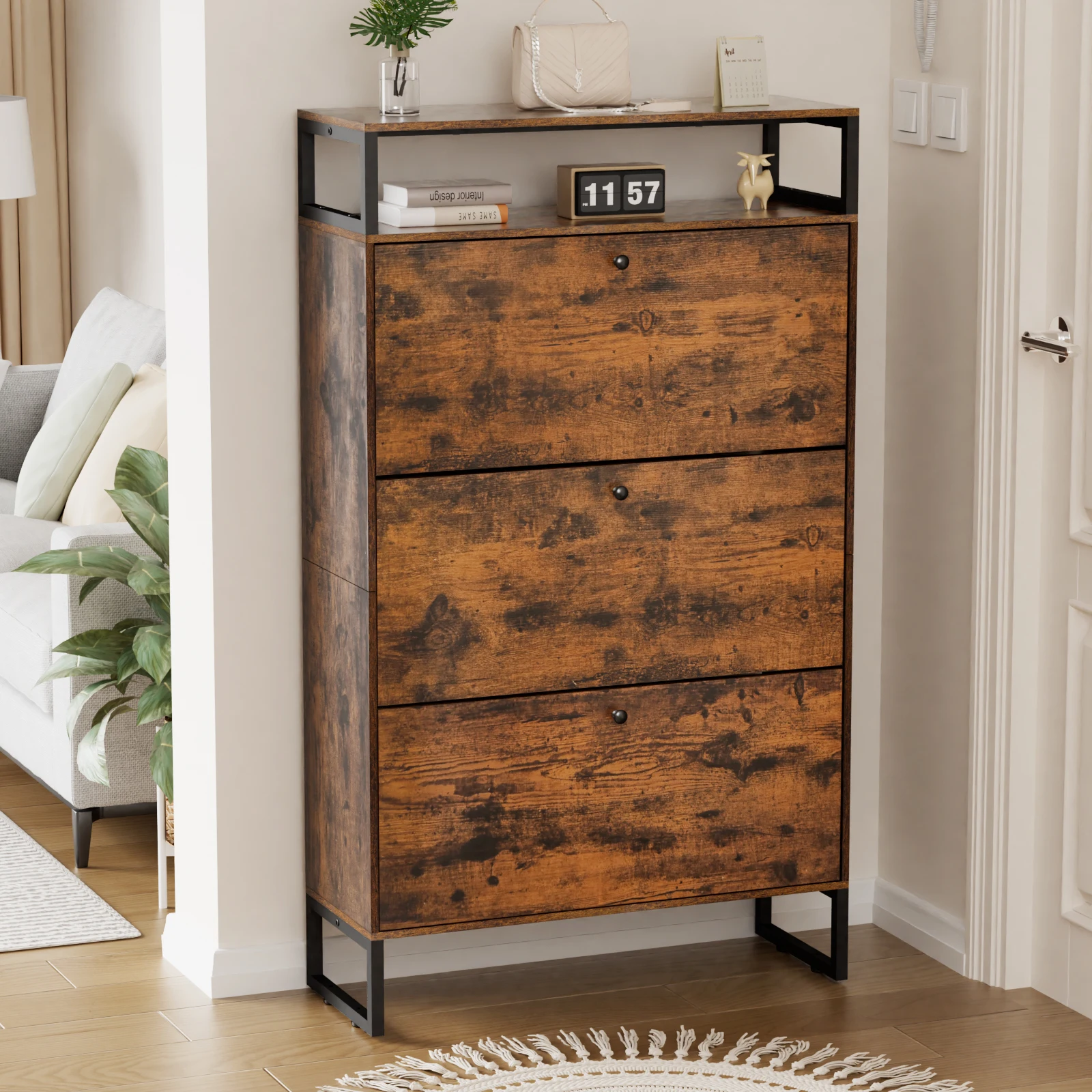 

Shoe Cabinet with 3 Flip Drawers, Metal Legs, Entryway Shoe Rack Storage Organizer Rustic Brown 11.81''D x 31.49''W x 54.17''H