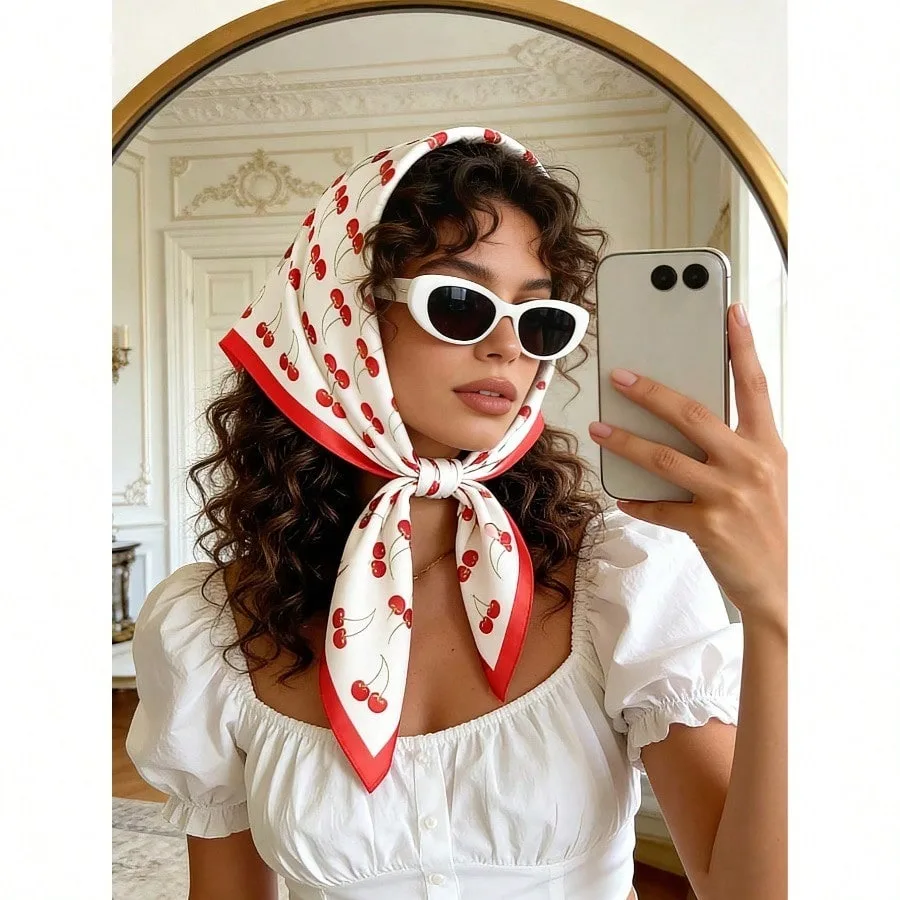 

1pc Cherry Printing 70cm Bandana Women All-Match Waist Belt Pack Decoration Headscarf Streamer Headwear Fashionable Scarf ,Hair Band,Head Band Ideal For Dressing Up Your Look Valentine's Day Valentines