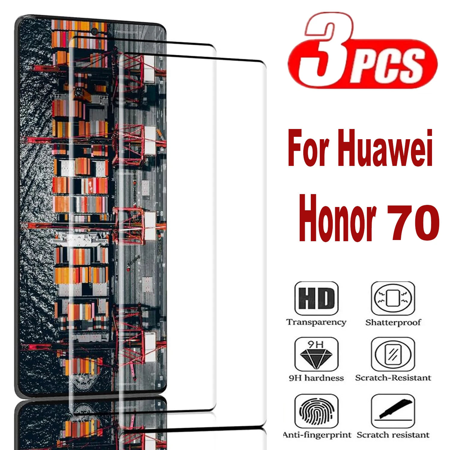 9H Curved Four Sides Glue Tempered Glass For Huawei Honor 70 3Pcs 3D Screen Protector Film