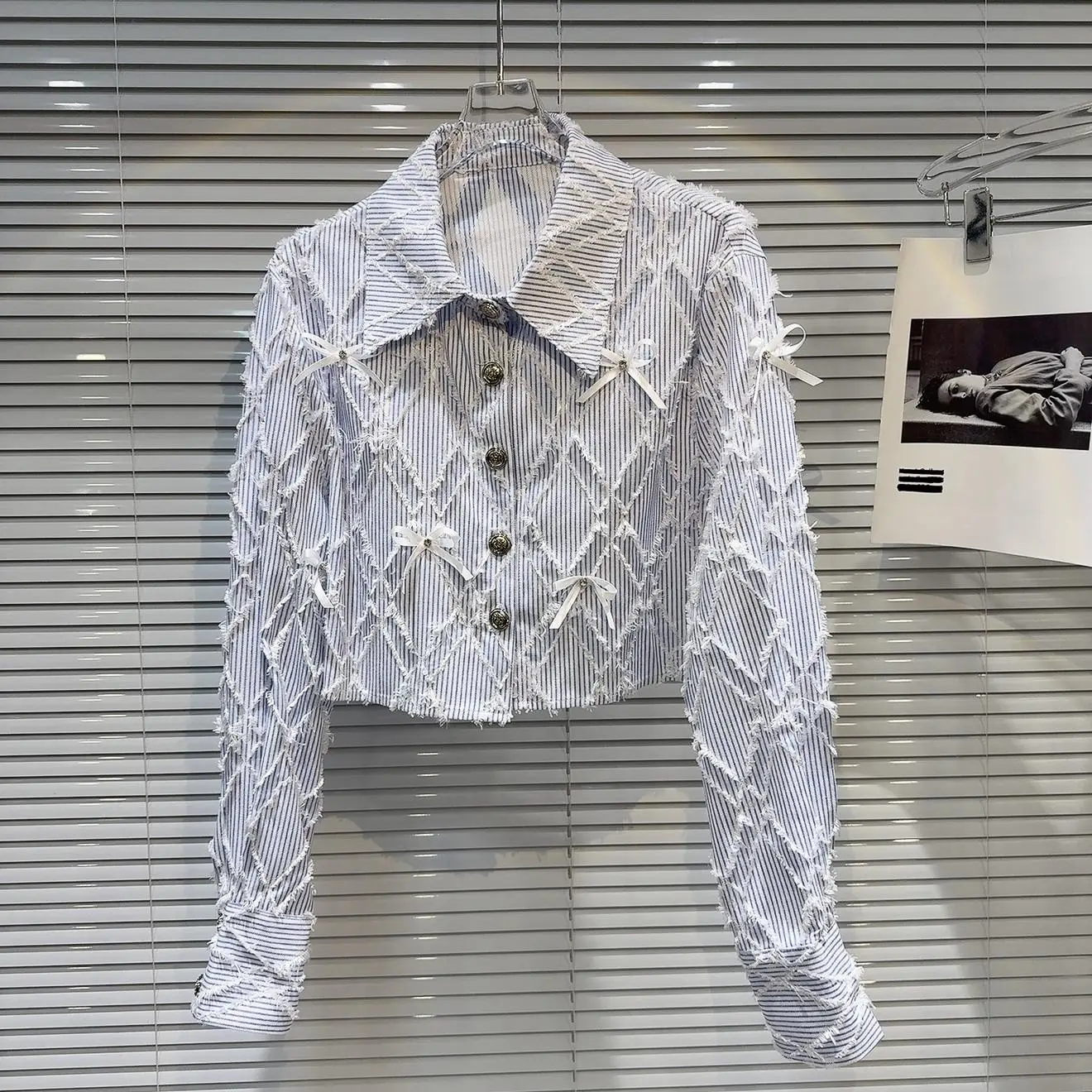 

Sweet Stylish Women's Shirt Coat Knot Diamond Pattern Vertical Stripes Spring New Arrival Anti-Aging Faux Fur