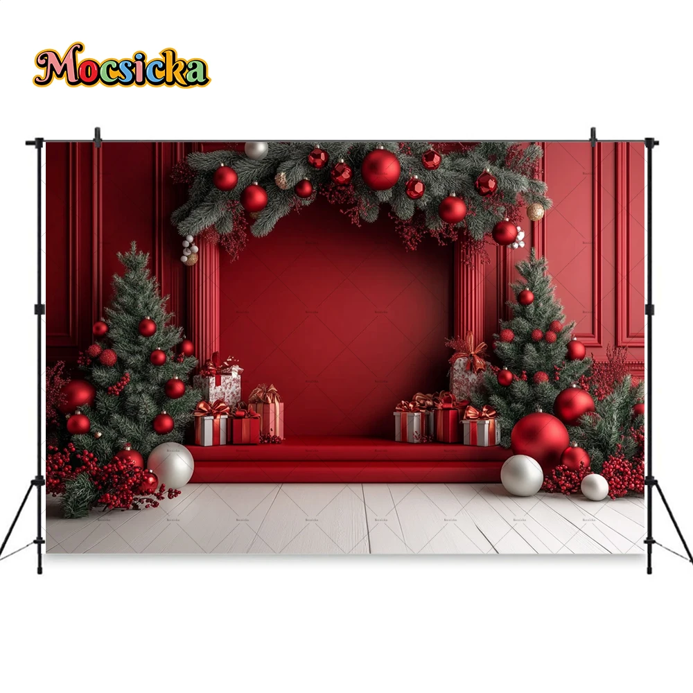 تصوير خلفية غرفة عيد الميلاد الحمراء ، باب مقوس ، شجرة عيد الميلاد ، خلفية جدار القصر ، ديكور للأطفال ، استوديو صور عائلي ، شتاء