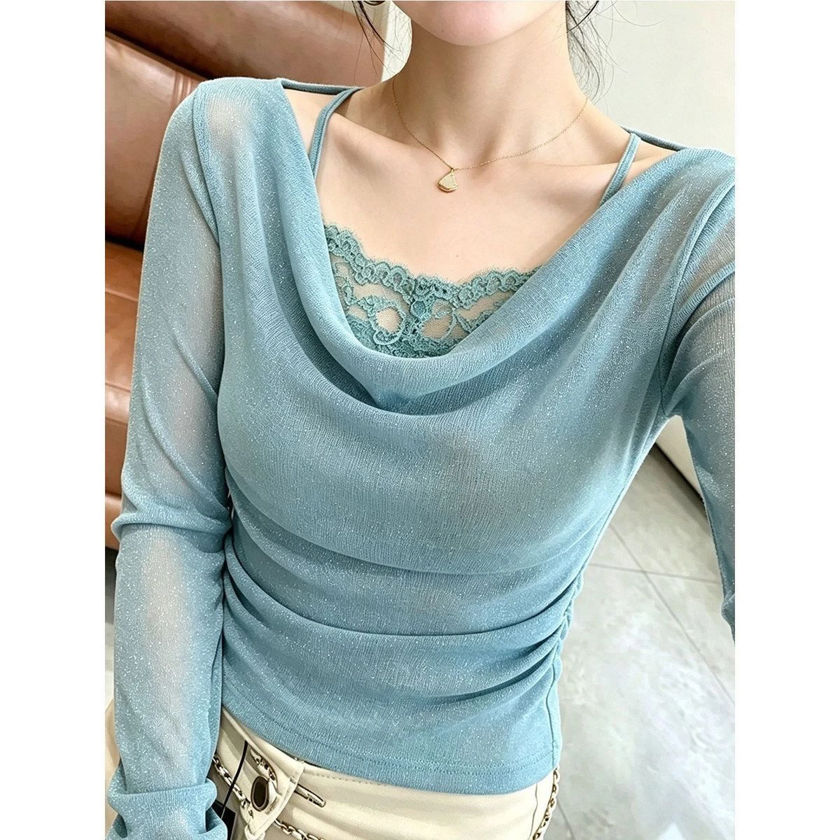 Slim Fit Long Sleeve T-Shirt Women's Spring Autumn New Lace Splicing Slimming Base Layer Top French Style Regular Sleeve Othe...