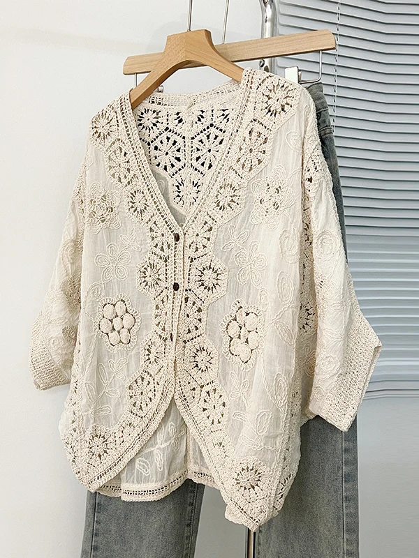 

Sun Protection V-Ne Open Cardigan Women's plus Size Irregular Sve Length Batwing Sve Hook Embroidery Spring Summer