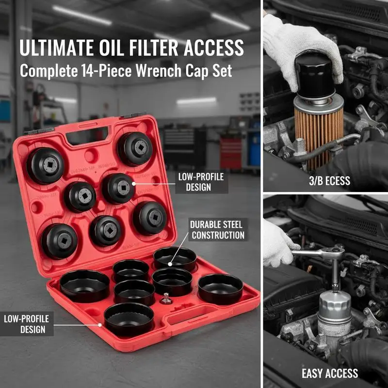 

Oil Filter Removal Tool 14-Piece Kit 3/8-Inch Drive For Vehicle Maintenance Engine Service Garage Workshop Low Profile Design Heavy Duty Steel Construction Compact Fit Case Included