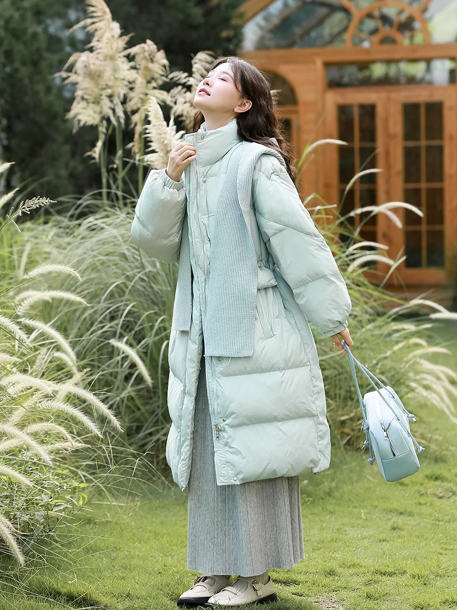 

Синее длинное пуховое пальто с отстегивающимся капюшоном, с регулируемой талией, белое, из натурального пуха, однотонное, зимнее, новая модель для женщин.