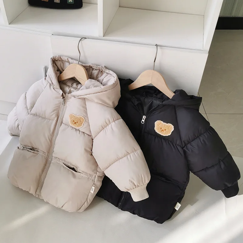 Boys Girls Warm Hooded Outerwear Baby Winter Thickened Jackets Childrens Solid Color Cotton Down Coat Kids Casual Clothing