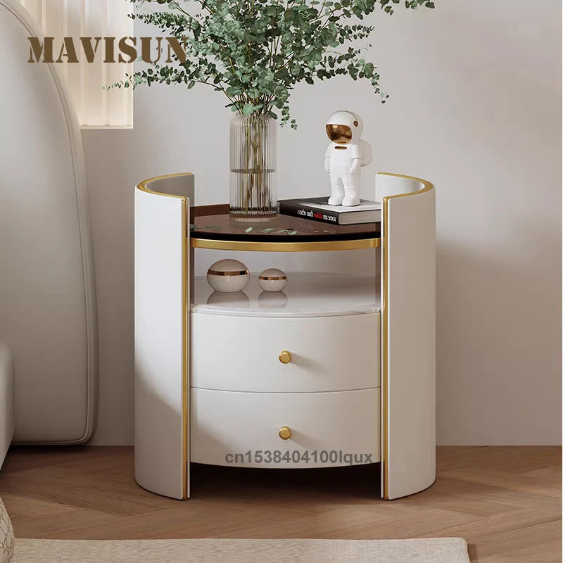 

Italian Style Bedroom Table Pack Of Two With Two Drawer Glass Tabletop Solid Wood Frame 0.5Meter Small-Sized Round Bedside Table