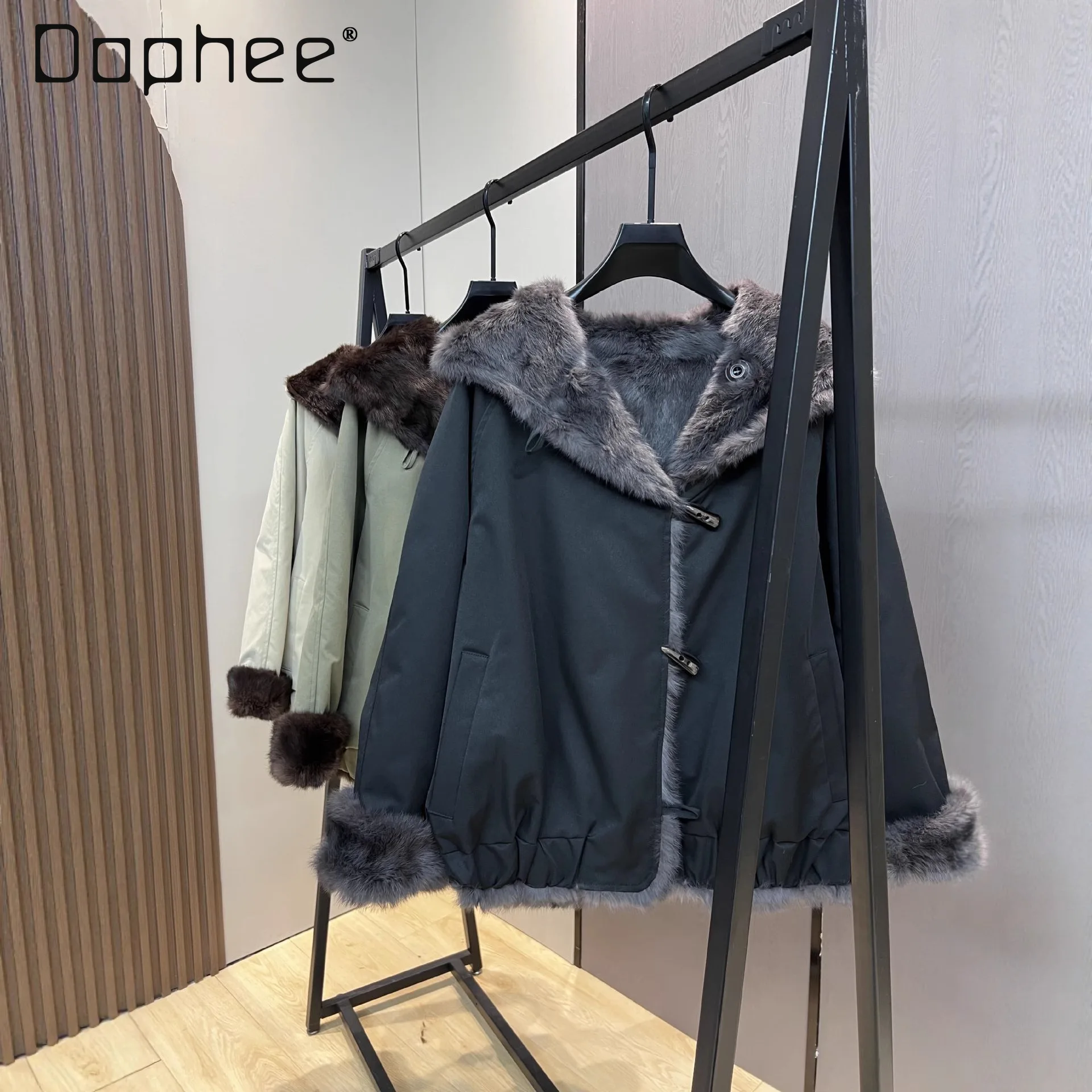 Jassen voor dames Winter Nieuwe damesparka Omkeerbaar konijnenbont Capuchon Ontwerp Twee-in-één warme bontjas